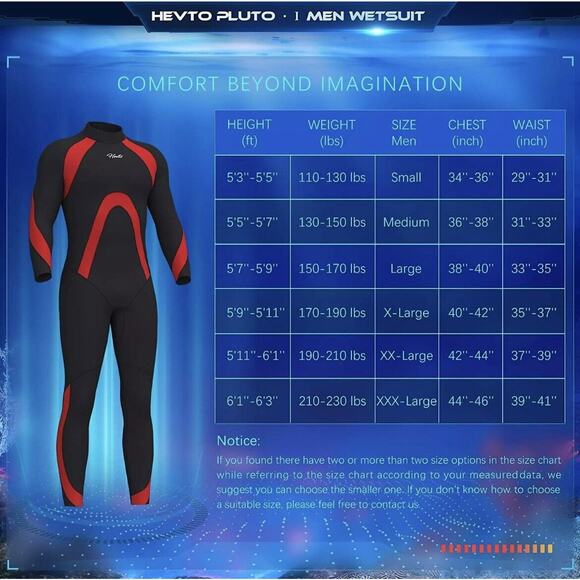Hevto Pluto-1 3XL Men’s 3/2mm Black & Red Neoprene Wetsuit‎ Full Scuba Suits - Picture 6 of 7